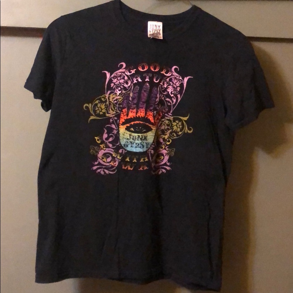 Good fortune black T-shirt with design both f&b